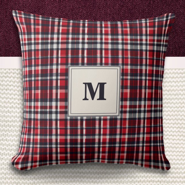 Elegant Tartan Check Patterned Stylish Monogrammed Throw Pillow (A stylish monogrammed throw pillow with red, charcoal and cream tartan pattern)