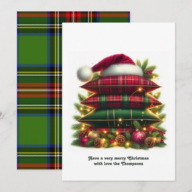 Elegant Tartan Christmas Cozy Plaid Pillows Holiday Card (Front/Back)