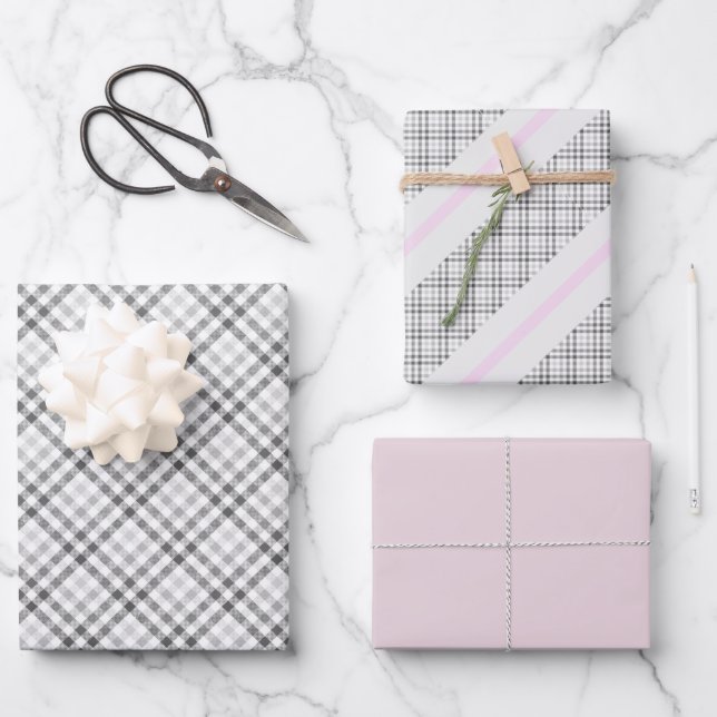 Elegant Tartan Gray White Blush Pattern  Wrapping Paper Sheets (Front)
