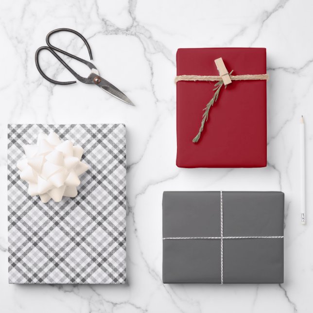 Elegant Tartan Gray White Burgundy Wrapping Paper Sheets (Front)