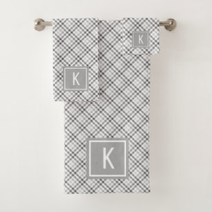 Elegant Tartan Gray White Monogrammed Bath Towel Set