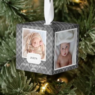 Elegant Tartan Plaid Baby First Christmas 4 Photo Cube Ornament