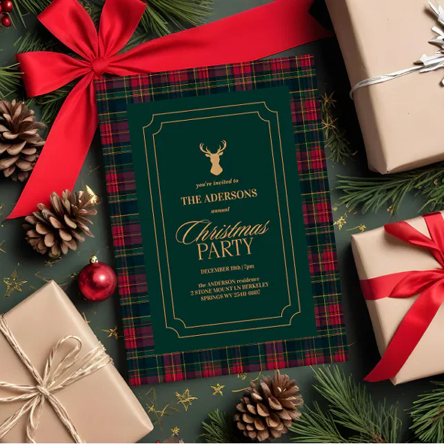 A green and red flannel print holiday card surrounded by pine cones, fir tree sprigs, and wrapped gifts with twine and red ribbon bows.
