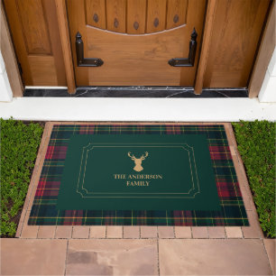 Elegant Tartan Plaid Christmas Stag Family Name Doormat