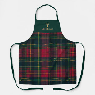 Elegant Tartan Plaid Merry Christmas Family Name Apron