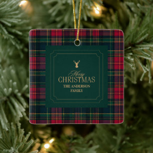 Elegant Tartan Plaid Merry Christmas Family Name Ceramic Ornament