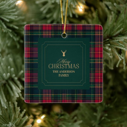 Elegant Tartan Plaid Merry Christmas Family Name Ceramic Ornament