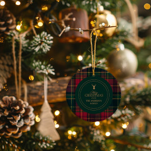 Elegant Tartan Plaid Merry Christmas Family Name Ceramic Ornament