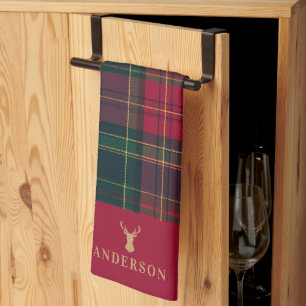 Elegant Tartan Plaid Merry Christmas Family Name Kitchen Towel