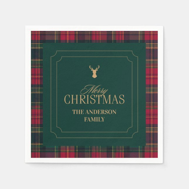 Elegant Tartan Plaid Merry Christmas Family Name Napkins (Front)
