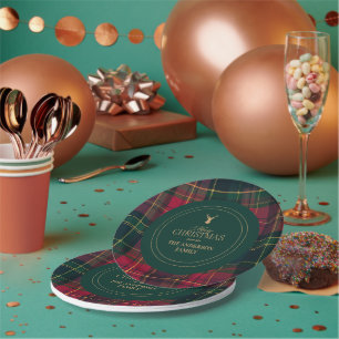 Elegant Tartan Plaid Merry Christmas Family Name Paper Plates