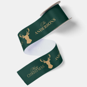 Elegant Tartan Plaid Merry Christmas Family Name Satin Ribbon