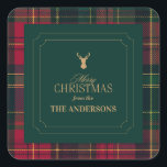 Elegant Tartan Plaid Merry Christmas Family Name Square Sticker<br><div class="desc">Add a touch of timeless charm to your holiday gifts with this elegant Christmas sticker. Designed with a classic red and green tartan plaid border, deep forest green background, and refined gold typography, it features a festive stag silhouette and personalized family name message. Perfect for sealing envelopes, decorating presents, or...</div>