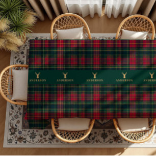 Elegant Tartan Plaid Merry Christmas Family Name Tablecloth