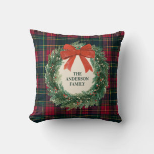 Elegant Tartan Plaid Merry Christmas Family Name Throw Pillow