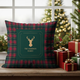 Elegant Tartan Plaid Merry Christmas Family Name Throw Pillow