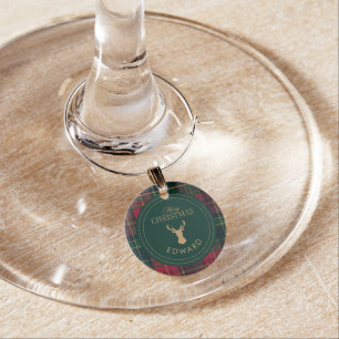 Elegant Tartan Plaid Merry Christmas Family Name Wine Charm