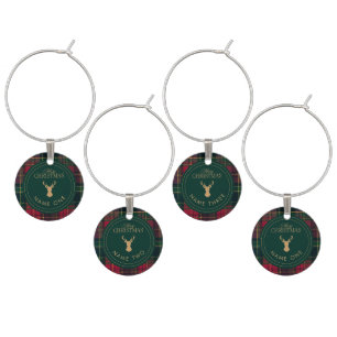Elegant Tartan Plaid Merry Christmas Family Name Wine Charm