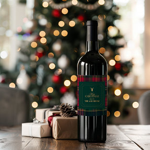 Elegant Tartan Plaid Merry Christmas Family Name Wine Label