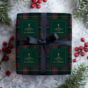 Elegant Tartan Plaid Merry Christmas Family Name Wrapping Paper