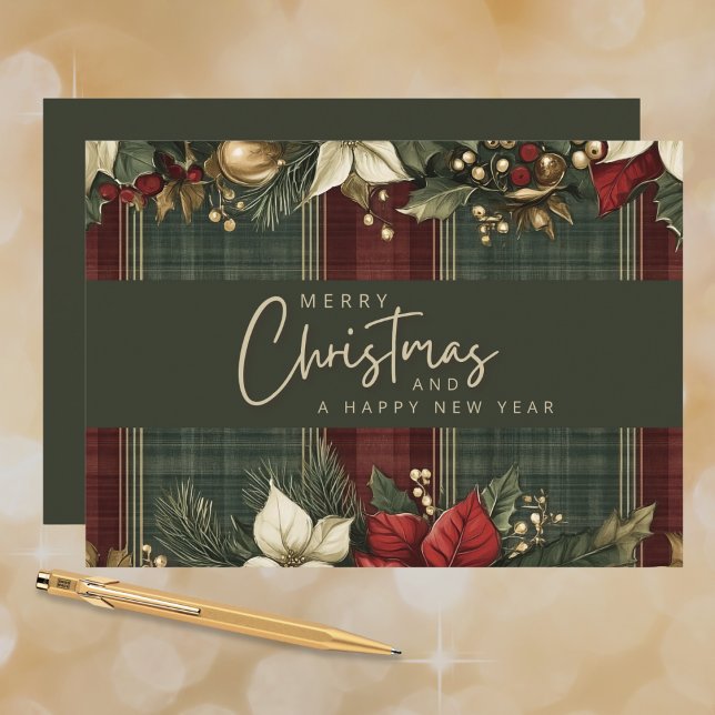 Elegant Tartan Plaid Poinsettias Merry Christmas Holiday Card (Creator Uploaded)