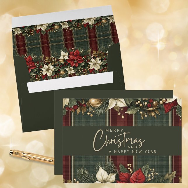 Elegant Tartan Plaid Red Poinsettias Christmas Envelope (Creator Uploaded)