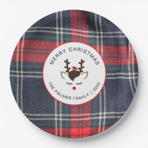 Elegant Tartan Plaid & Reindeer Christmas Family Paper Plates