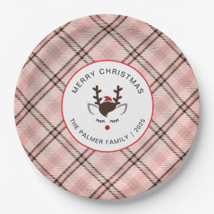 Elegant Tartan Plaid & Reindeer Christmas Family Paper Plates