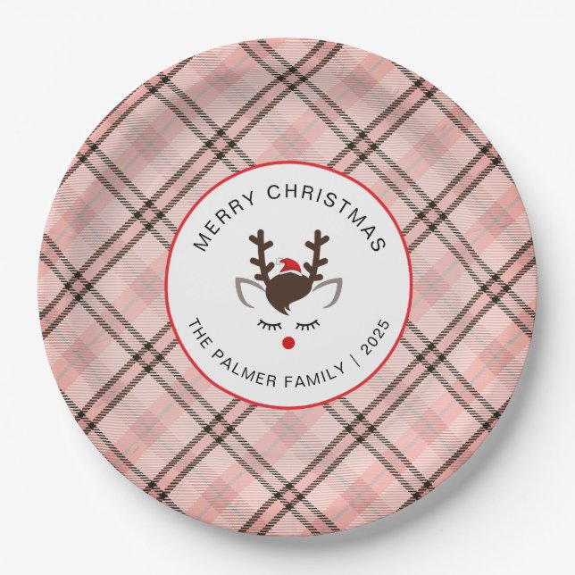 Elegant Tartan Plaid & Reindeer Christmas Family Paper Plates (Front)