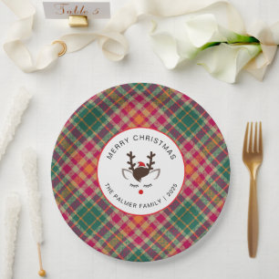 Elegant Tartan Plaid & Reindeer Christmas Family Paper Plates