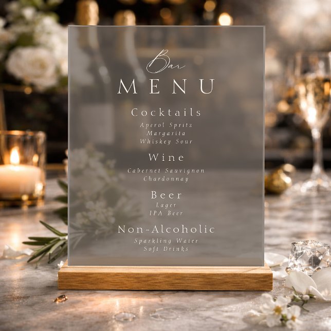 Elegant Taupe Acrylic Wedding Bar Menu Sign (Creator Uploaded)