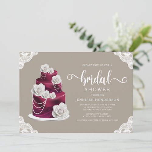 Elegant Taupe Beige Cake  Lace Bridal Shower Invitation