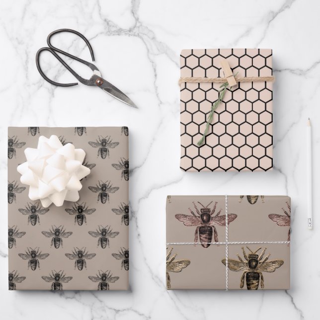 Elegant taupe, black and blush pink bee-themed  wrapping paper sheets (Front)