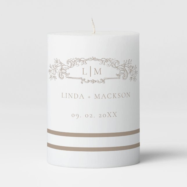 Elegant Taupe botanical crest monogram wedding Pillar Candle (Front)