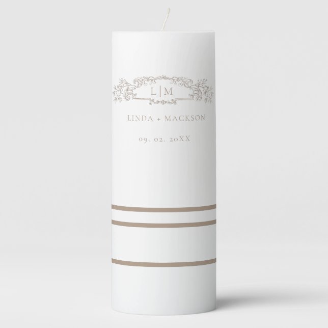 Elegant Taupe botanical crest monogram wedding Pillar Candle (Front)