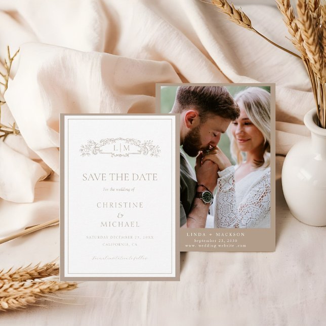 Elegant Taupe botanical crest monogram wedding Save The Date (Creator Uploaded)