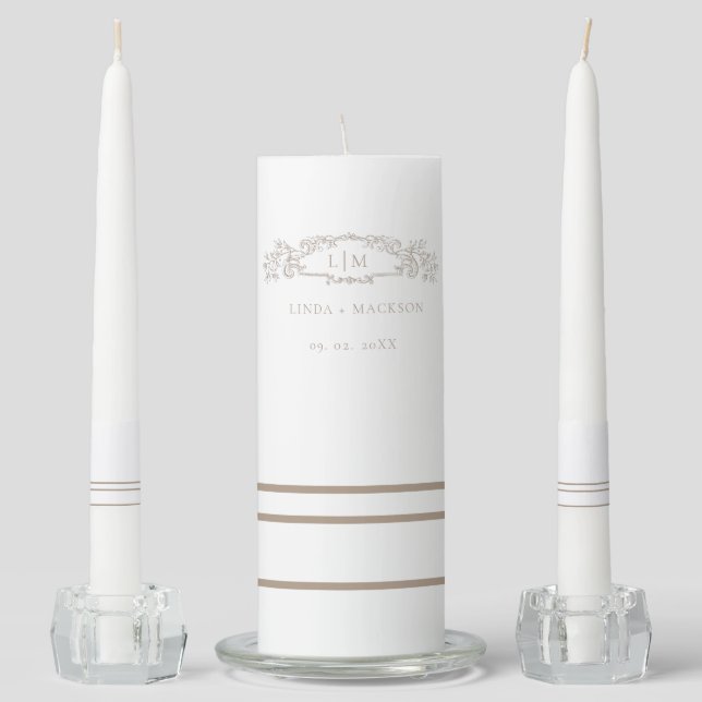 Elegant Taupe botanical crest monogram wedding Unity Candle Set (Front)