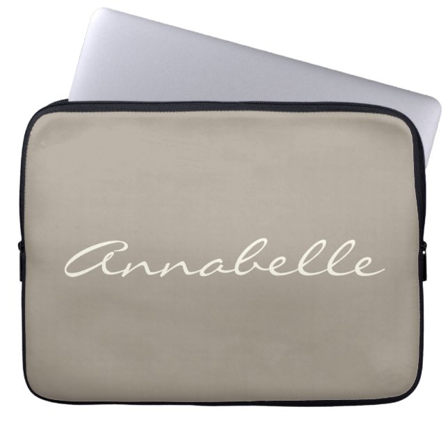 Elegant Taupe Brown Handwritten Script Name Custom Laptop Sleeve (Front)