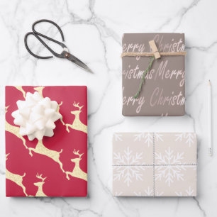 Elegant Taupe Cream Red Reindeer Snowflake Wrapping Paper Sheets