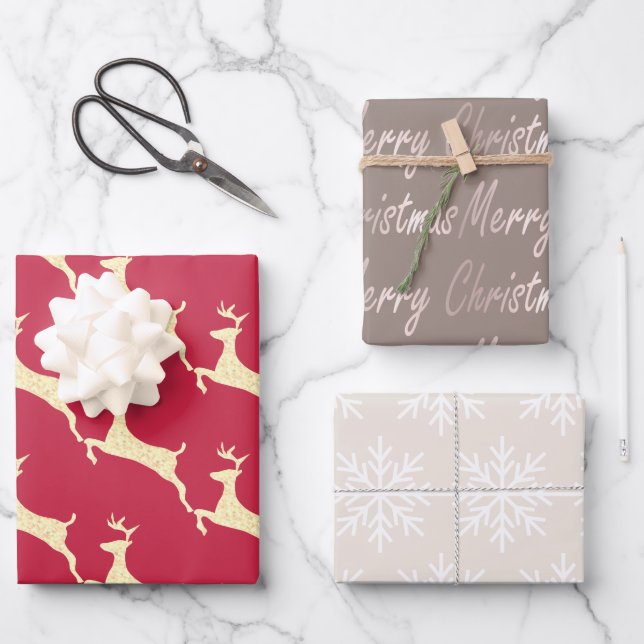 Elegant Taupe Cream Red Reindeer Snowflake Wrapping Paper Sheets (Front)