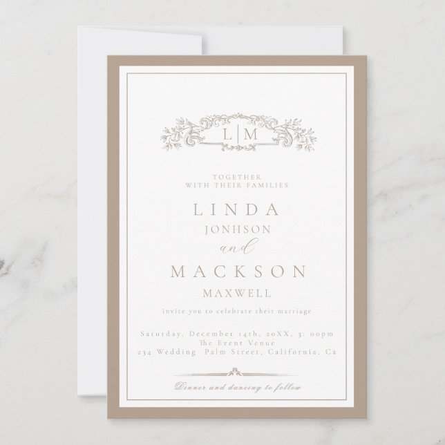 Elegant Taupe Crest Monogram Wedding   Invitation (Front)