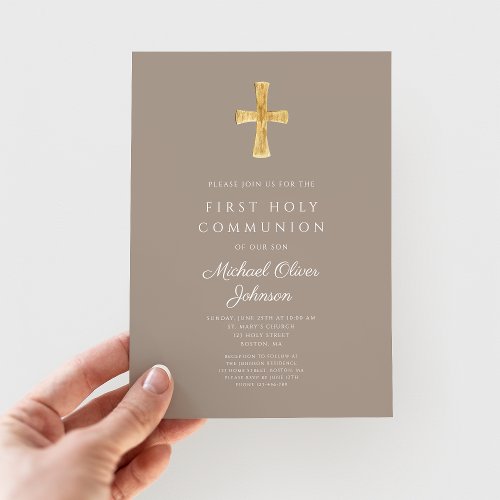 Elegant Taupe Cross Boy First Communion Invitation