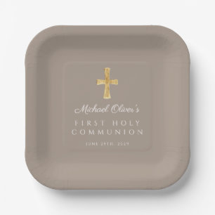 Elegant Taupe Cross Boy First Communion Paper Plates