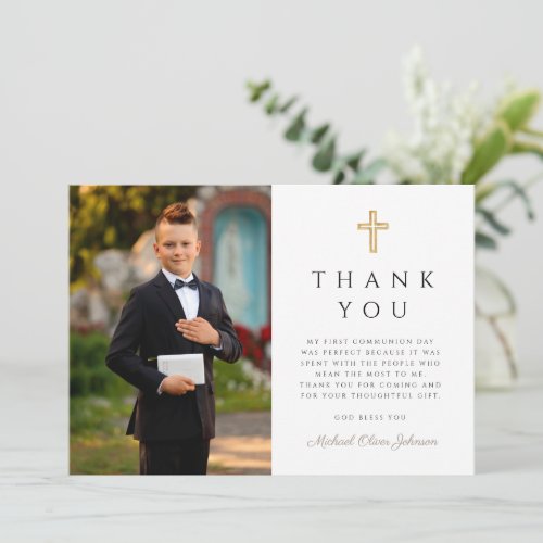Elegant Taupe Cross Boy First Communion Photo Thank You Card