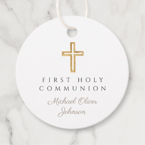 Elegant Taupe Cross Boy First Communion Round Favor Tags