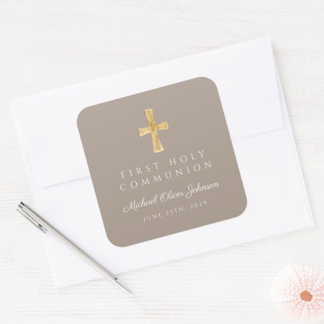 Elegant Taupe Cross Boy First Communion  Square Sticker (Envelope)