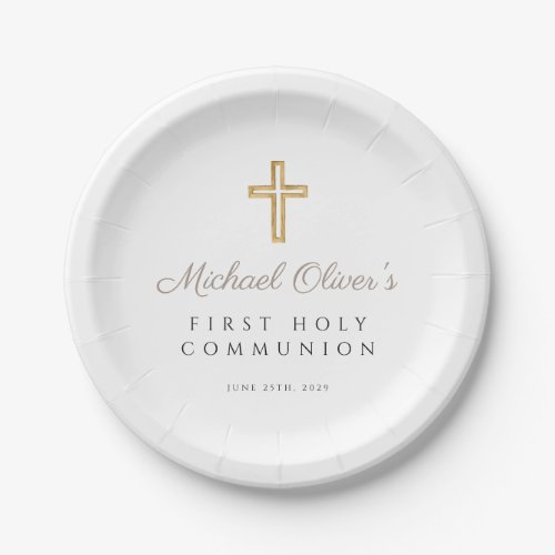 Elegant Taupe Cross First Communion Paper Plates