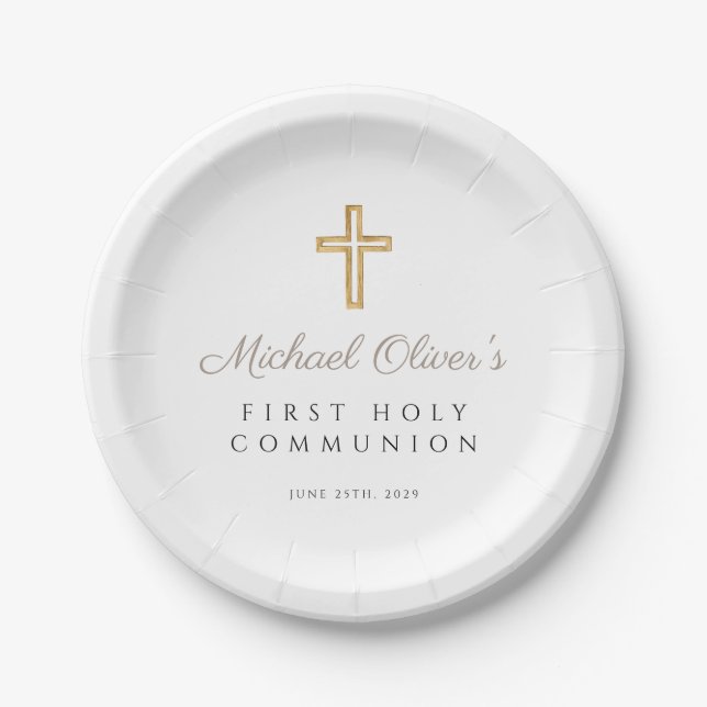 Elegant Taupe Cross First Communion Paper Plates (Front)