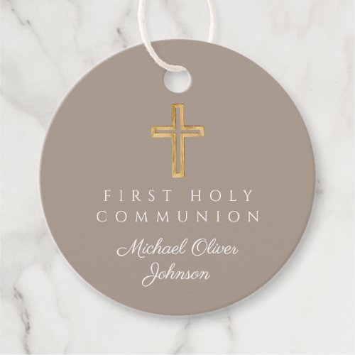 Elegant Taupe Cross First Communion Round Favor Tags