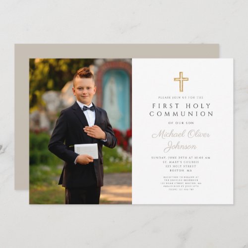 Elegant Taupe Cross Photo Boy First Communion   Invitation